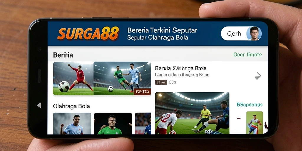 Antarmuka aplikasi SURGA88 menampilkan berita olahraga bola terbaru.